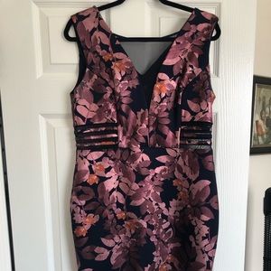 Navy blue and pink flowers sleeveless sheath dress